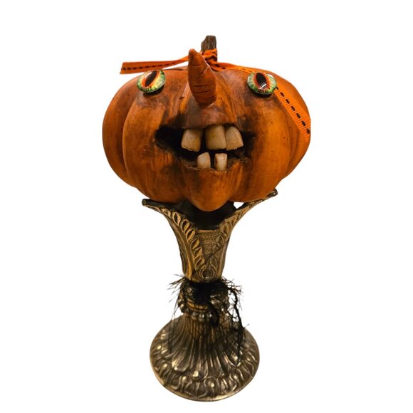 Halloween JOL Pumpkin OOAK Creepy Sculpture Jack O Lantern Teeth Assemblage Art - Picture 1 of 16
